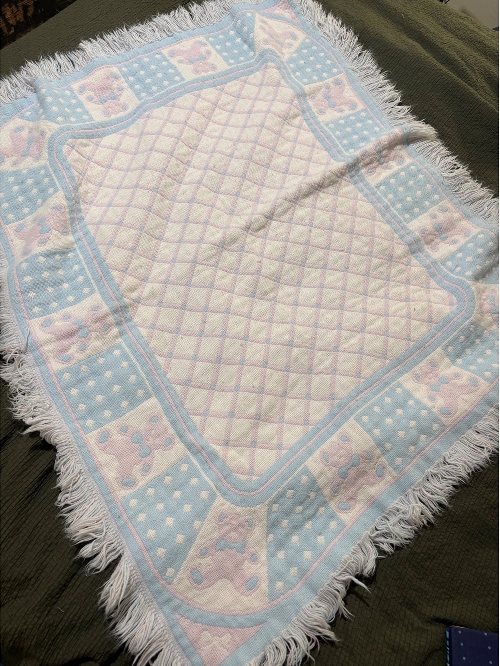 Vintage Baby Blanket with Teddy Bear Pattern and Fringe Edges
